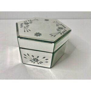 Beveled Glass Mirror Venetian Style Italy Trinket Box Hexagon Floral Etched‎
